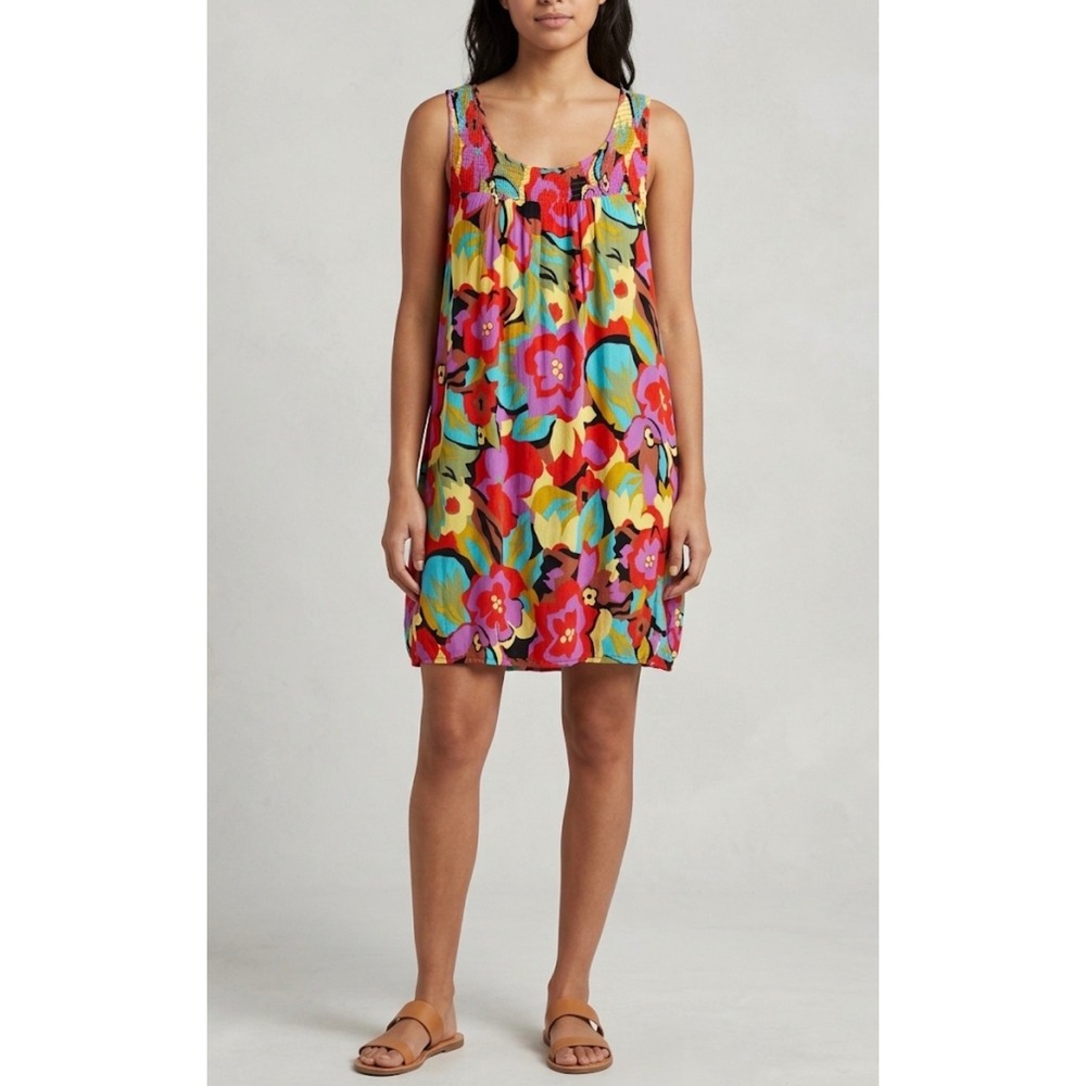 Water Lily Floral Sleeveless mini dress Sz L rayon tropical beach swim cover fun